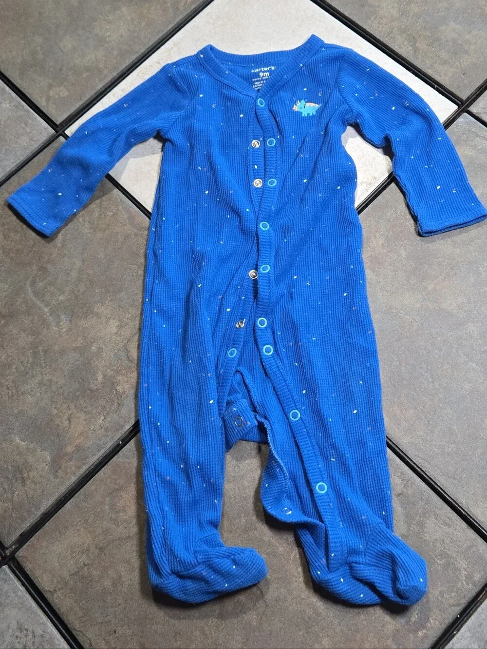 Carter's Dinosaur Footed Pajamas 9M Blue Waffle Knit Snap Front Sleeper Baby PJs